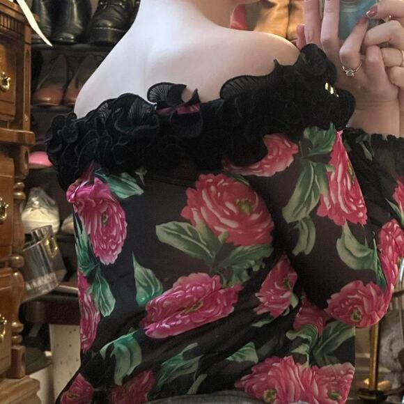 vintage forever 21 sheer Pink floral off the shoulder blouse black ruffle trim - Picture 2 of 7